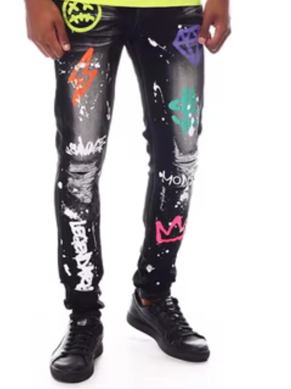 SWITCH REMARKABLE RIPPED Black Painted Skinny Jeans with Graphic Accents 36x30